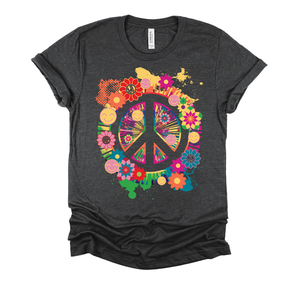 Peace Sign Colorful Flowers Hippie Retro 60s 70's T-Shirt