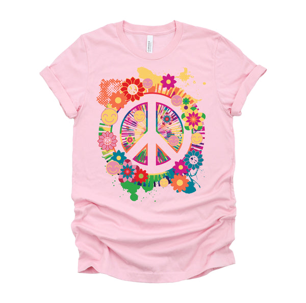 Peace Sign Colorful Flowers Hippie Retro 60s 70's T-Shirt