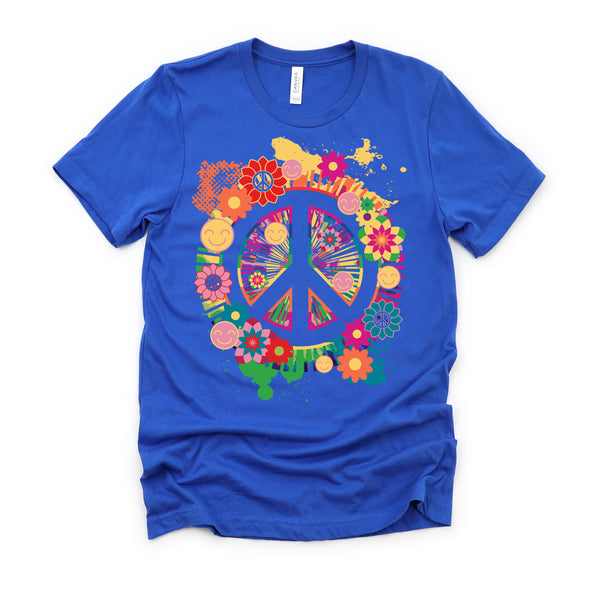 Peace Sign Colorful Flowers Hippie Retro 60s 70's T-Shirt