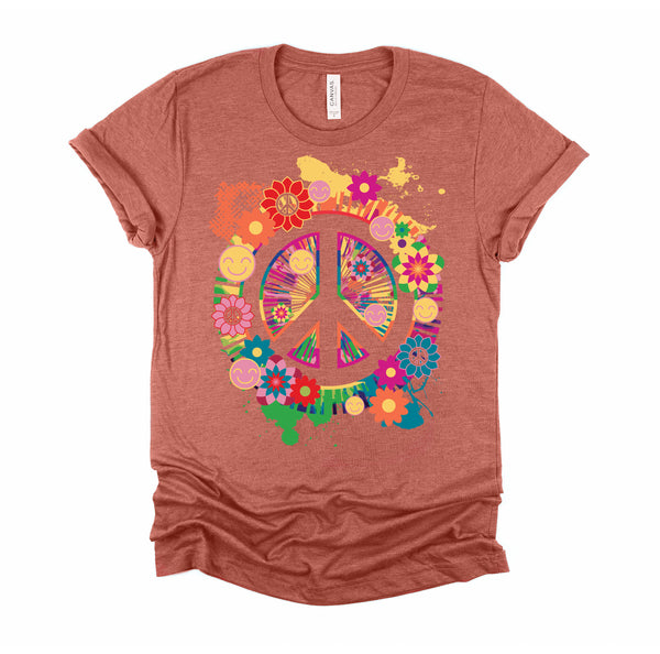 Peace Sign Colorful Flowers Hippie Retro 60s 70's T-Shirt
