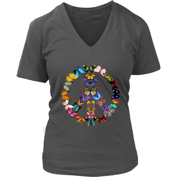 Peace Sign Butterflies Tshirt 60's 70's Boho Butterfly Retro Gift V-Neck T-Shirt Womens Plus Size S-4XL