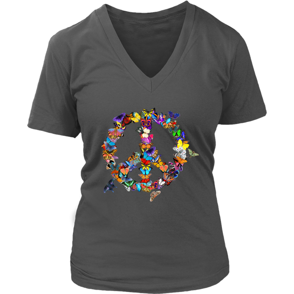 Butterfly Peace Sign Retro 60's 70's Colorful Butterflies V-Neck T-Shirt Womens Plus Size S-4XL