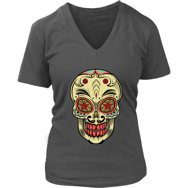 Mexican Sugar Skull Decor Tshirt - Artistic Halloween T-Shirt - Womens Plus Size Up To 4X