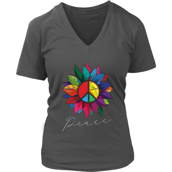 Distressed Peace Sign Sunflower Retro Vintage Flower Floral V-Neck T-Shirt Womens Plus Size S-4XL