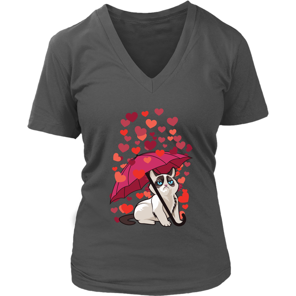 Cat Hearts Love Valentines Day Grumpy Irritable Bad Temper V-Neck T-Shirt Womens Plus Size S-4XL