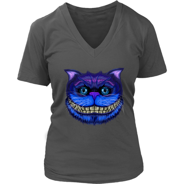 Womens Cheshire Cat Face Wonderland Big Faced Grinning Cat V-Neck T-Shirt Plus Size Up To 4X