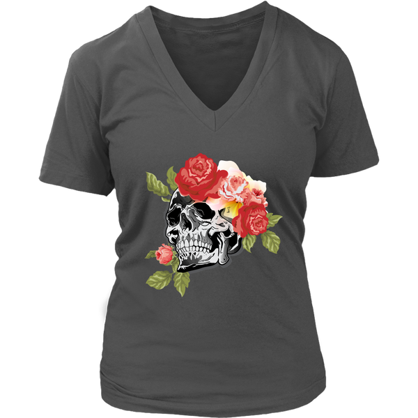 Skull and Flowers Shirt - Halloween T-Shirt - Graphic Tee - Womens Plus Size Up To 4X