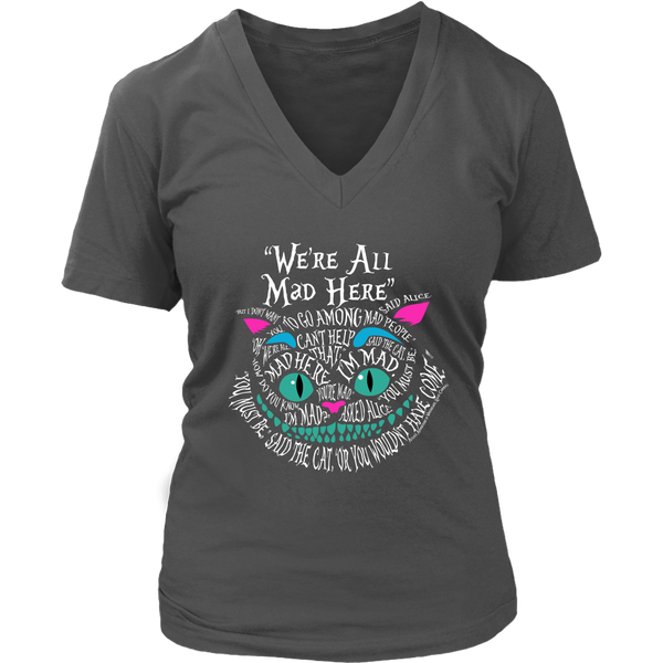 Womens We're All Mad Here Wonderland Cheshire Cat V-Neck T-Shirt Plus Size up to 4X