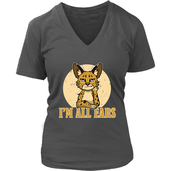 I'm All Ears Ginger Serval Cat Rescue Wild Animal Big Cats V-Neck T-Shirt Womens Plus Size S-4XL