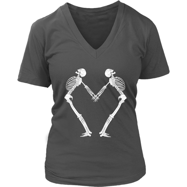 Halloween Skeleton Heart Romance Valentines Day V-Neck T-Shirt Womens Plus Size S-4XL