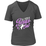 All I Need Is Jesus And My Cat Religious Gift Christian Cat Owner V-Neck T-Shirt Womens Plus Size S-4XL