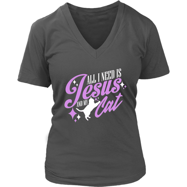 All I Need Is Jesus And My Cat Religious Gift Christian Cat Owner V-Neck T-Shirt Womens Plus Size S-4XL