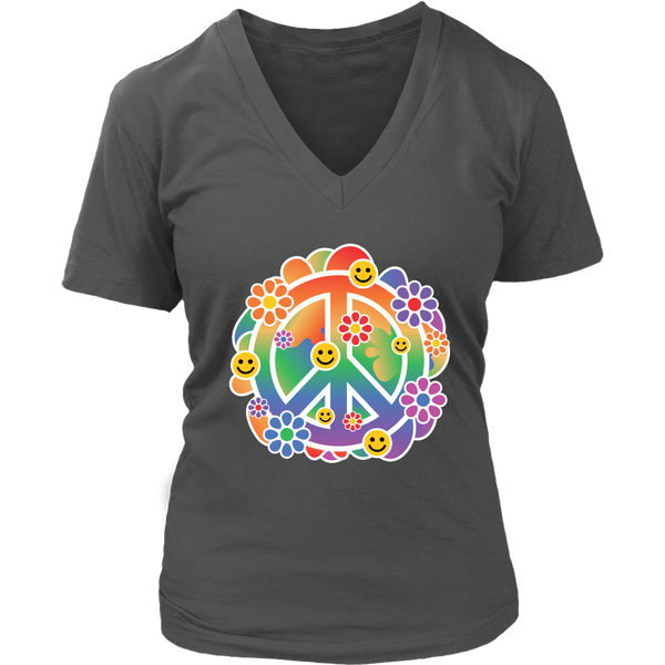 Happy Face Peace Sign Tshirt - Smile Flowers Retro Tee - Womens Plus Size Up To 4X