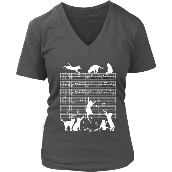 Cats Musical Notes Music Musician Composer Gift Cat Mom V-Neck T-Shirt Womens Plus Size S-4XL