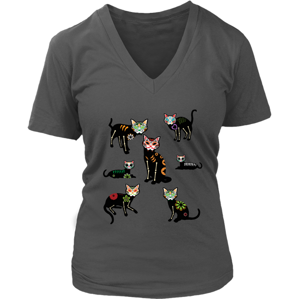 Mexican Sugar Skull Cat Tshirt - Halloween Day of the Dead T-Shirt - Womens Plus Size Up To 4X