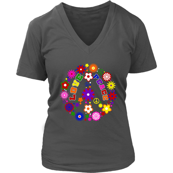 Love Peace Sign T-Shirt - Retro Flowers Tee Colorful 60s 70s - Womens Plus Size up to 4X