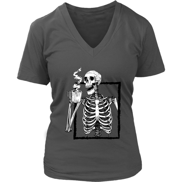 Vintage Skeleton Drinking Coffee Skull And Bones Funny Halloween Skull V-Neck T-Shirt Womens Plus Size S-4XL