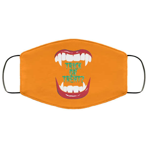 BRIGHT ORANGE Trick Or Treat Vampire Fangs Face Mask Anti Microbial Ultra Breathable Knit Polyester Stretchy Scary Halloween Dracula Fabric Face Masks