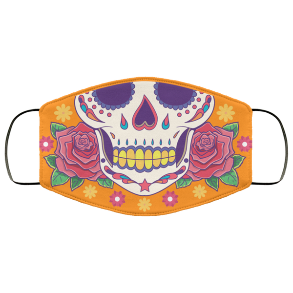 BRIGHT ORANGE Skull And Roses Face Mask Anti Microbial Ultra Breathable Knit Polyester Stretchy Halloween Calavera Dia De Los Muertos Fabric Face Masks