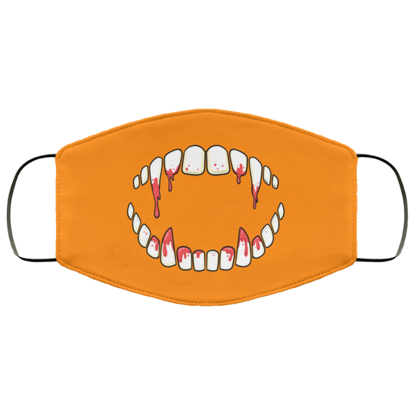 BRIGHT ORANGE Bloody Vampire Fangs Face Mask Anti Microbial Ultra Breathable Knit Polyester Stretchy Trick Or Treat Scary Halloween Fabric Face Masks