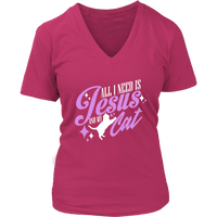 All I Need Is Jesus And My Cat Religious Gift Christian Cat Owner V-Neck T-Shirt Womens Plus Size S-4XL