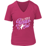 All I Need Is Jesus And My Cat Religious Gift Christian Cat Owner V-Neck T-Shirt Womens Plus Size S-4XL