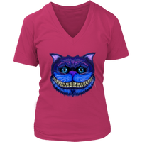 Womens Cheshire Cat Face Wonderland Big Faced Grinning Cat V-Neck T-Shirt Plus Size Up To 4X