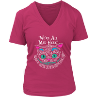 Womens We're All Mad Here Wonderland Cheshire Cat V-Neck T-Shirt Plus Size up to 4X