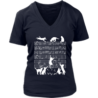 Cats Musical Notes Music Musician Composer Gift Cat Mom V-Neck T-Shirt Womens Plus Size S-4XL