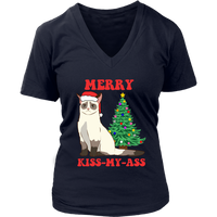 Christmas Cat Grumpy Sad Cats Kiss My Ass V-Neck T-Shirt Womens Plus Size S-4XL