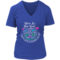 Womens We're All Mad Here Wonderland Cheshire Cat V-Neck T-Shirt Plus Size up to 4X