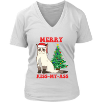 Christmas Cat Grumpy Sad Cats Kiss My Ass V-Neck T-Shirt Womens Plus Size S-4XL