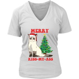 Christmas Cat Grumpy Sad Cats Kiss My Ass V-Neck T-Shirt Womens Plus Size S-4XL