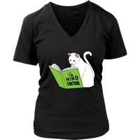 Funny Cat Lover T-Shirt - Cat Reading Mind Control Book Tee - Womens Plus Size Up To 4x