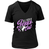 All I Need Is Jesus And My Cat Religious Gift Christian Cat Owner V-Neck T-Shirt Womens Plus Size S-4XL