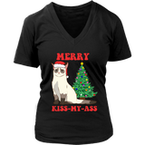 Christmas Cat Grumpy Sad Cats Kiss My Ass V-Neck T-Shirt Womens Plus Size S-4XL