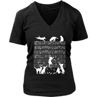 Cats Musical Notes Music Musician Composer Gift Cat Mom V-Neck T-Shirt Womens Plus Size S-4XL