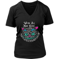 Womens We're All Mad Here Wonderland Cheshire Cat V-Neck T-Shirt Plus Size up to 4X