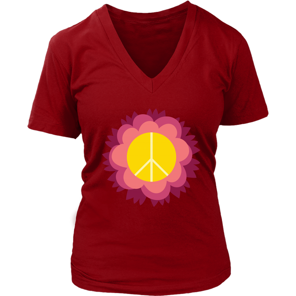 Flower Power Peace Sign T-Shirt - 70s Retro Pink Flowers Tee - Womens Plus Size up to 4X