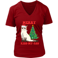 Christmas Cat Grumpy Sad Cats Kiss My Ass V-Neck T-Shirt Womens Plus Size S-4XL