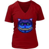 Womens Cheshire Cat Face Wonderland Big Faced Grinning Cat V-Neck T-Shirt Plus Size Up To 4X