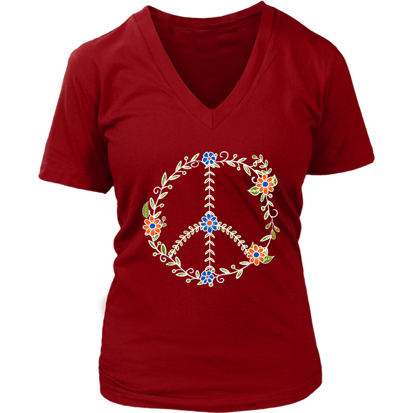 Colored Flowers Leaves Peace Sign T-Shirt - Retro Flower - Womens Plus Size up to 4X