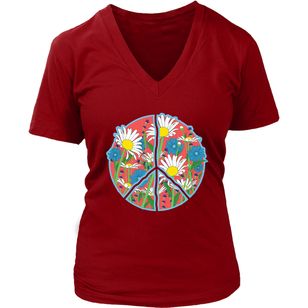 Floral Peace Sign T-Shirt - Retro Daisy Flowers Tee - Womens Plus Size up to 4X