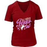 All I Need Is Jesus And My Cat Religious Gift Christian Cat Owner V-Neck T-Shirt Womens Plus Size S-4XL